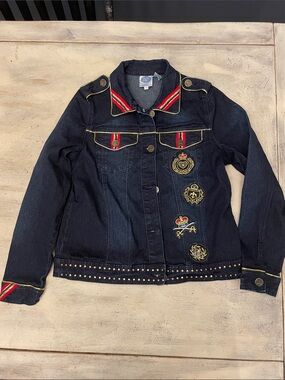 DG2 by Diane Gilman Dark Denim Jacket with Red Trim and Gold Embellishments
